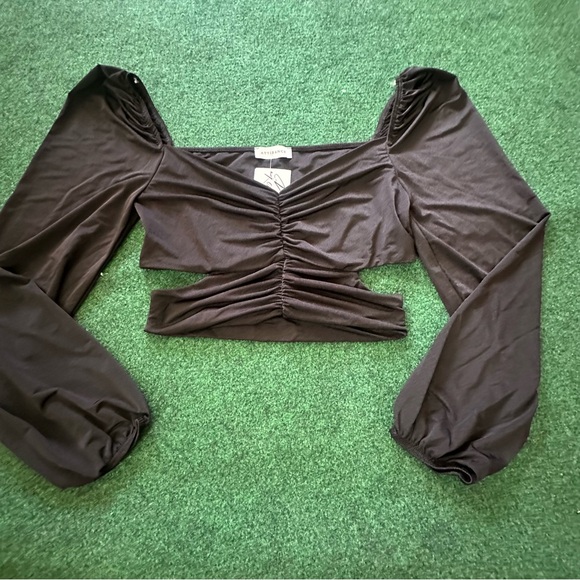 Black Ruched Cutout Long Sleeve Top - Picture 1 of 7